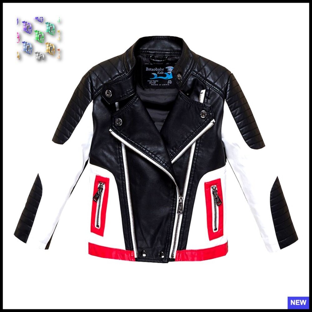 Boys Motorcycle Aviator Jacket Slim Fit PU Leather Stand Collar Zipper